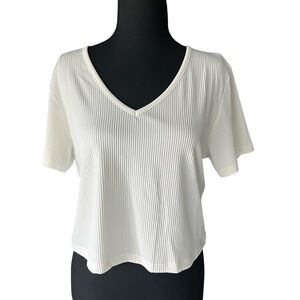 Amazon Women's Cream V-Neck Ribbed Crop Top